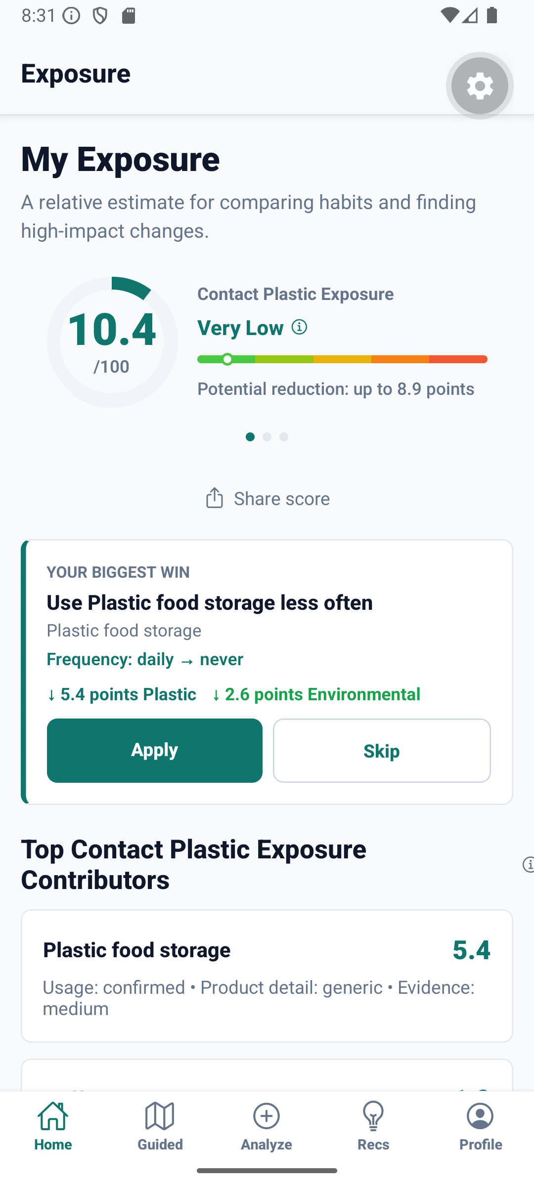 Exposia home screen showing an exposure score with a top recommended action