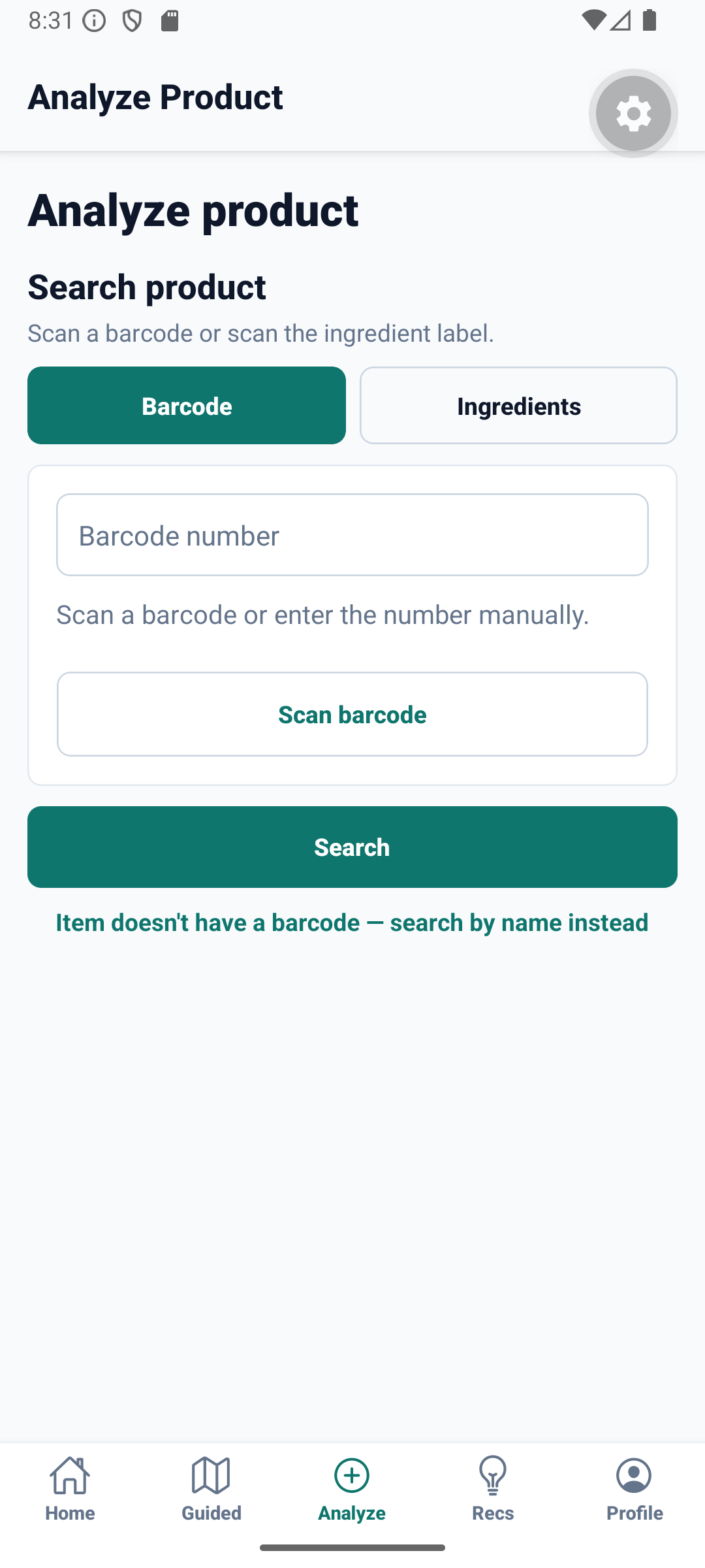 Exposia analyze product screen with barcode and ingredient scan options