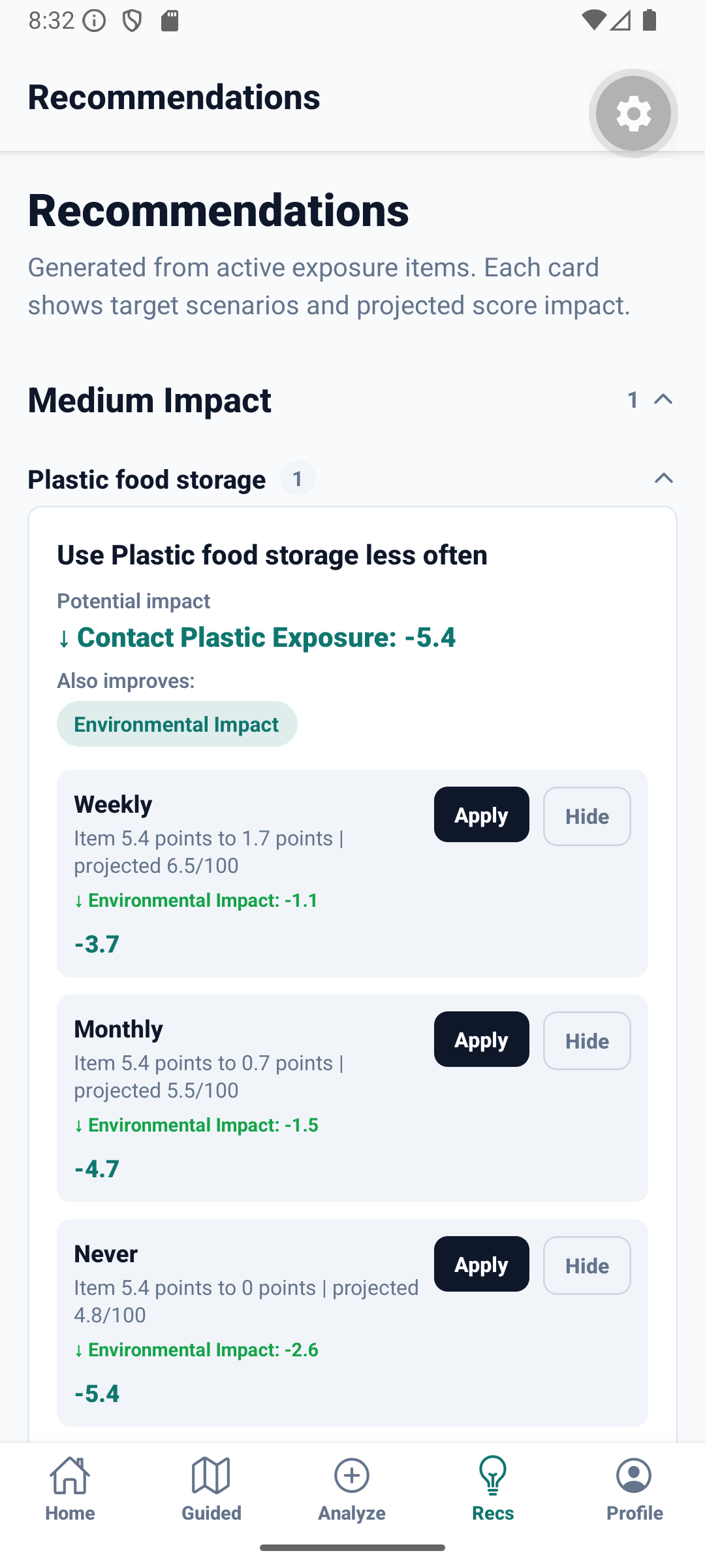 Exposia recommendations screen with weekly, monthly, and never frequency options and projected score impact