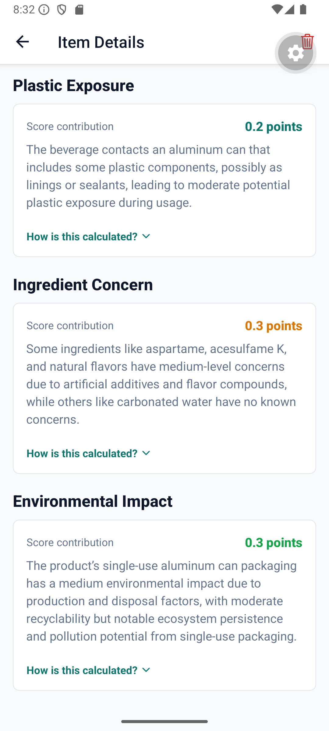 Exposia item detail screen showing plastic exposure, ingredient concern, and environmental impact