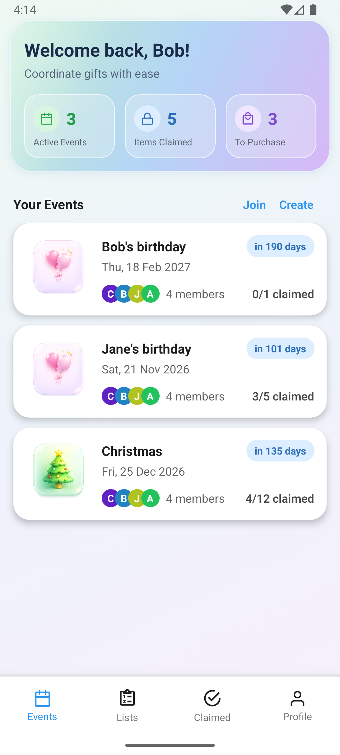 GiftCircles home dashboard showing active events, items claimed, and to-purchase counts