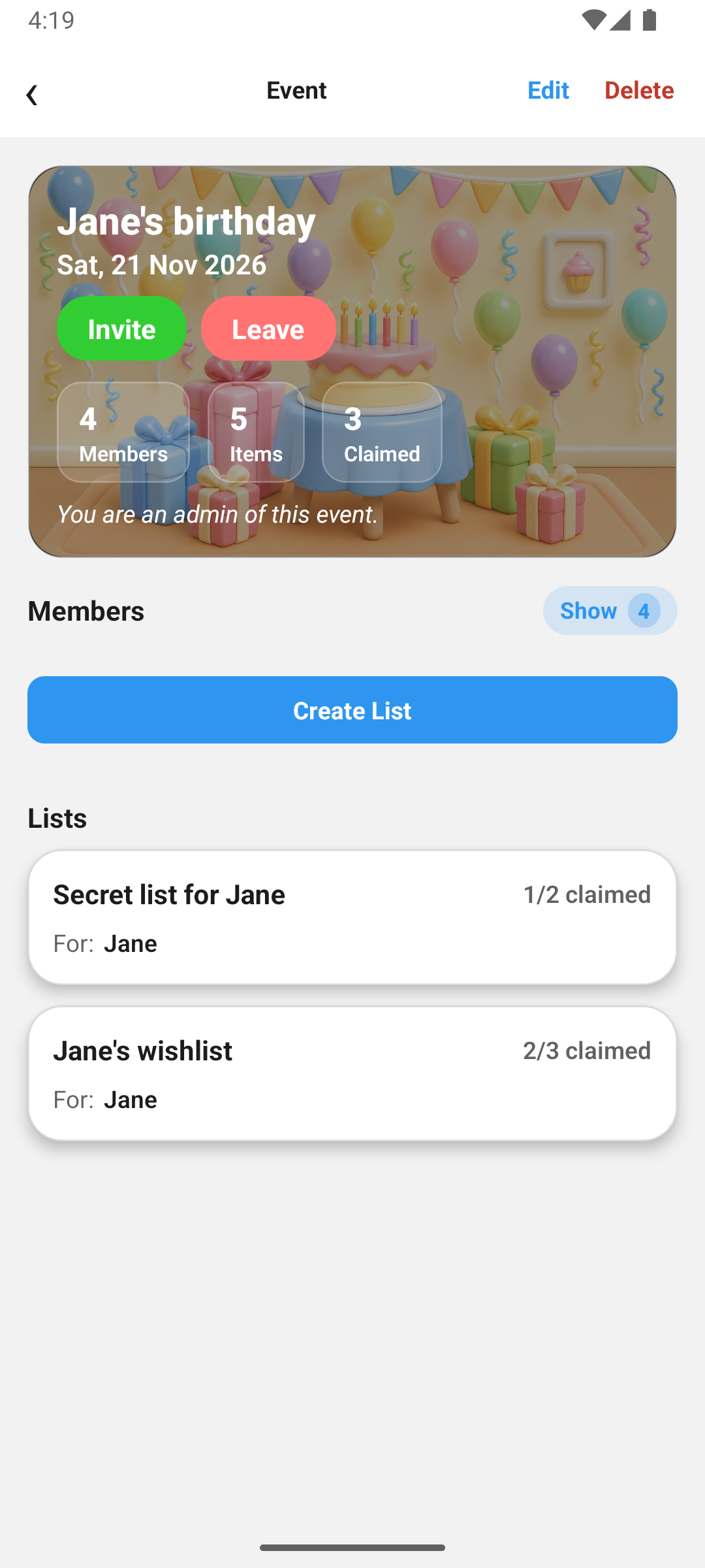 GiftCircles event detail screen for a birthday event with invite options and gift lists