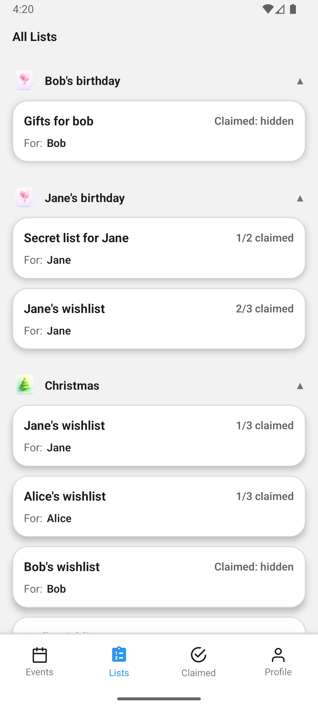 GiftCircles all lists screen grouped by event, showing claimed progress per list