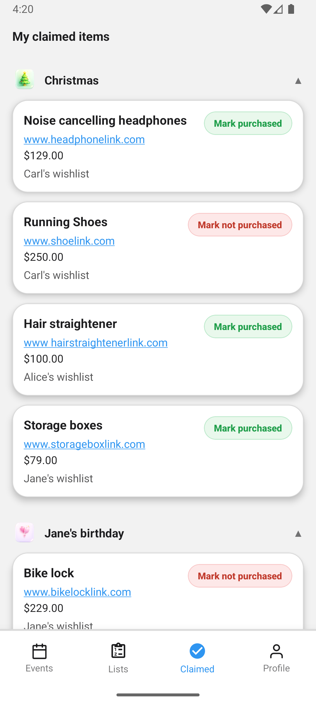 GiftCircles claimed items screen with mark purchased and not purchased actions