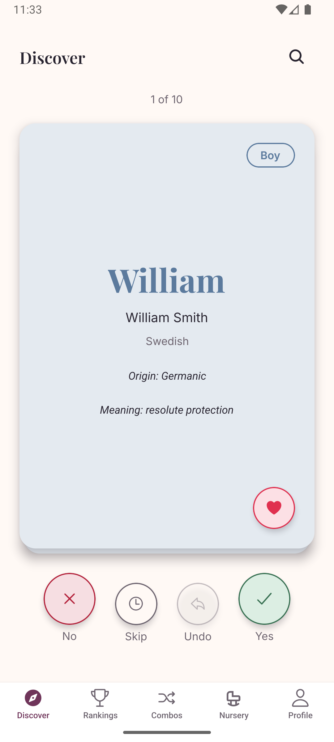 One Little Name Discover screen showing a name card with Origin, Meaning, and swipe actions