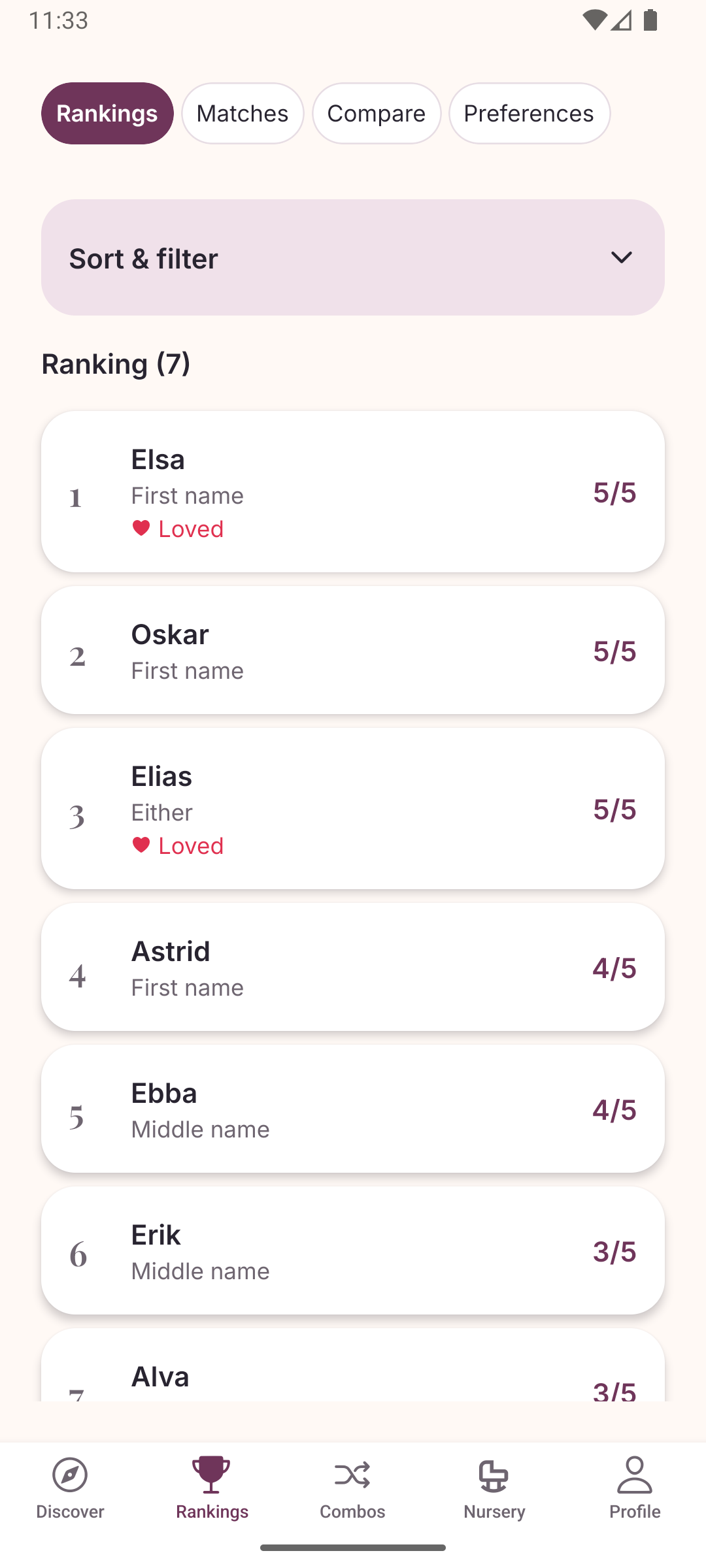One Little Name Rankings screen showing ranked first and middle names with Loved indicators