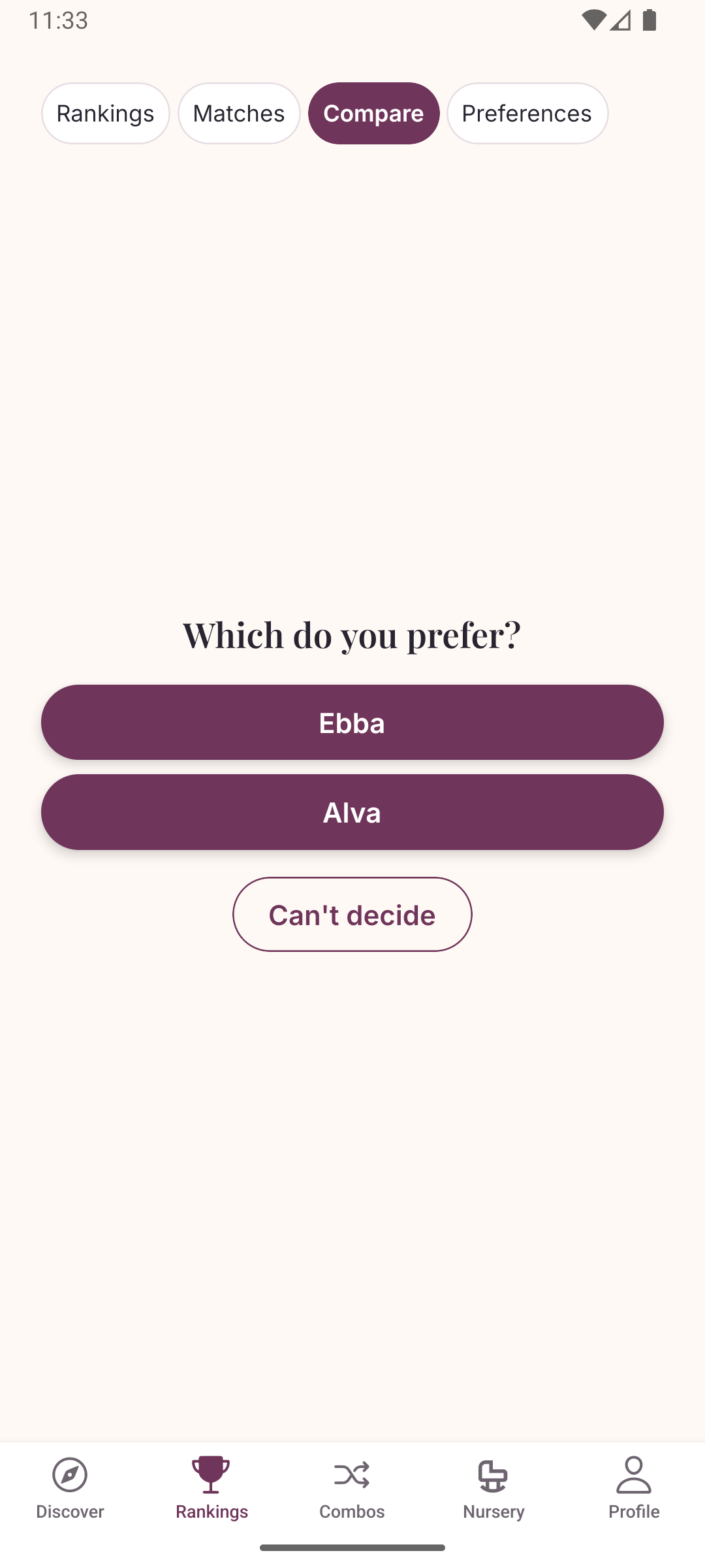 One Little Name Compare screen asking which of two names you prefer