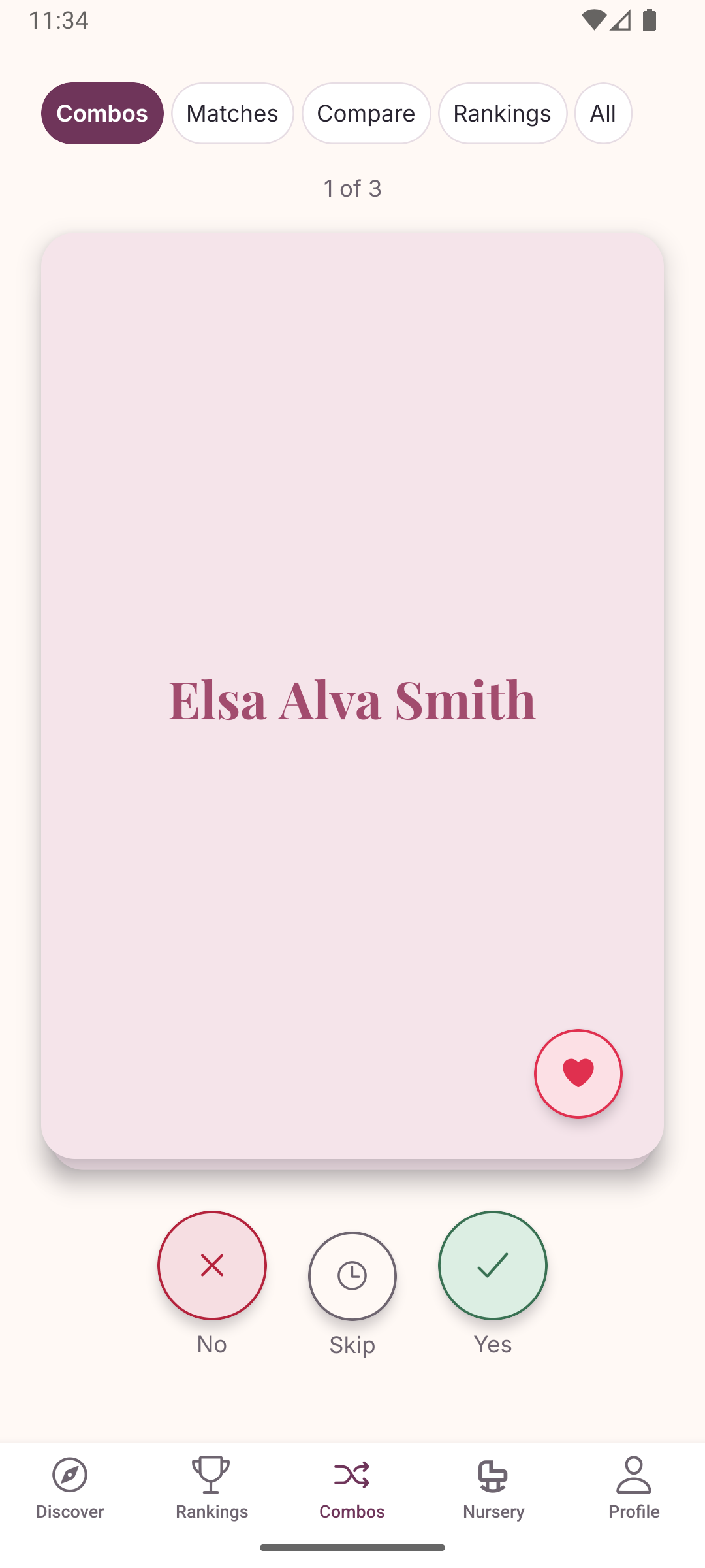 One Little Name Combos screen showing a generated first and middle name combination