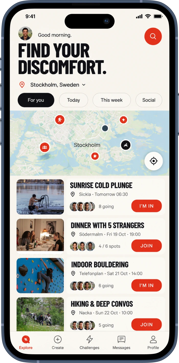 Concept preview of the proposed Seek Discomfort community app: discovering nearby challenges in Stockholm