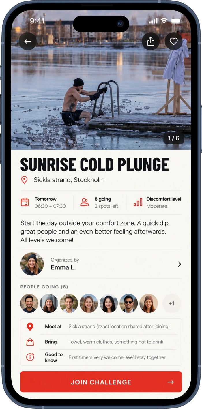 Concept challenge detail screen for a sunrise cold plunge
