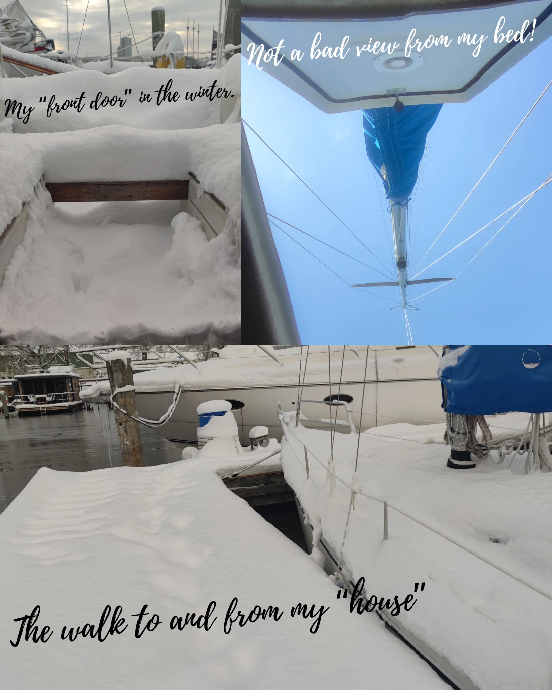A collage showing life aboard a sailboat during a snowy Swedish winter